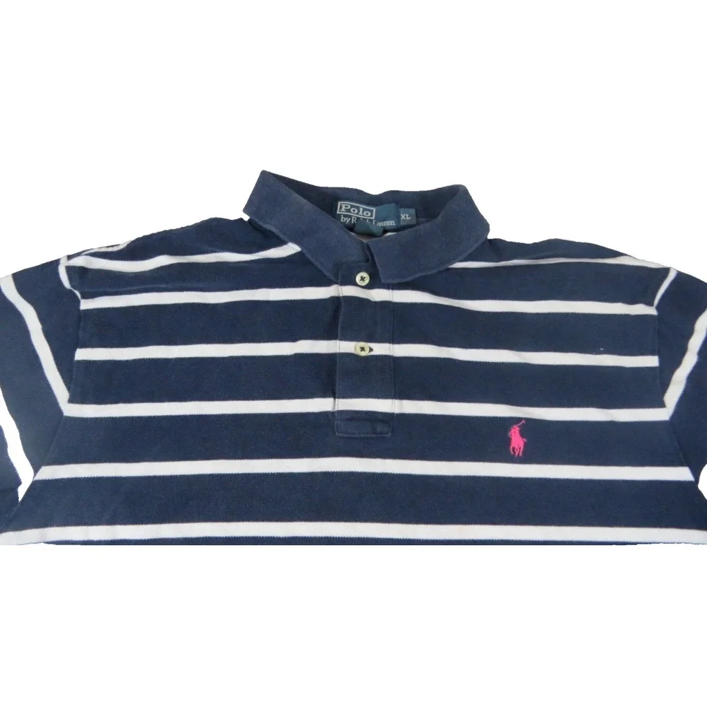 Polo Ralph Lauren Shirt Men XL Blue White Striped Cotton Pique Short Sleeve Pony